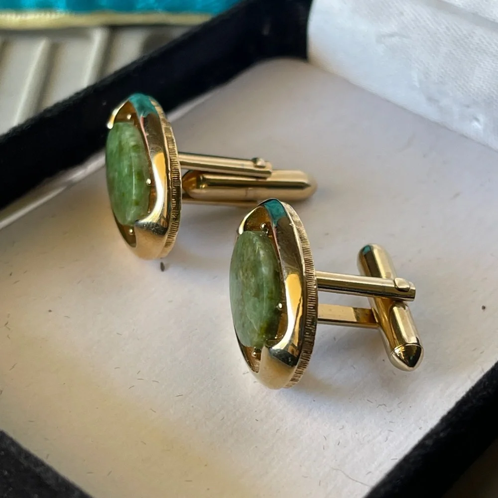 Vintage Genuine Mottled Green And White Jade Cufflink and Tie Tack Set